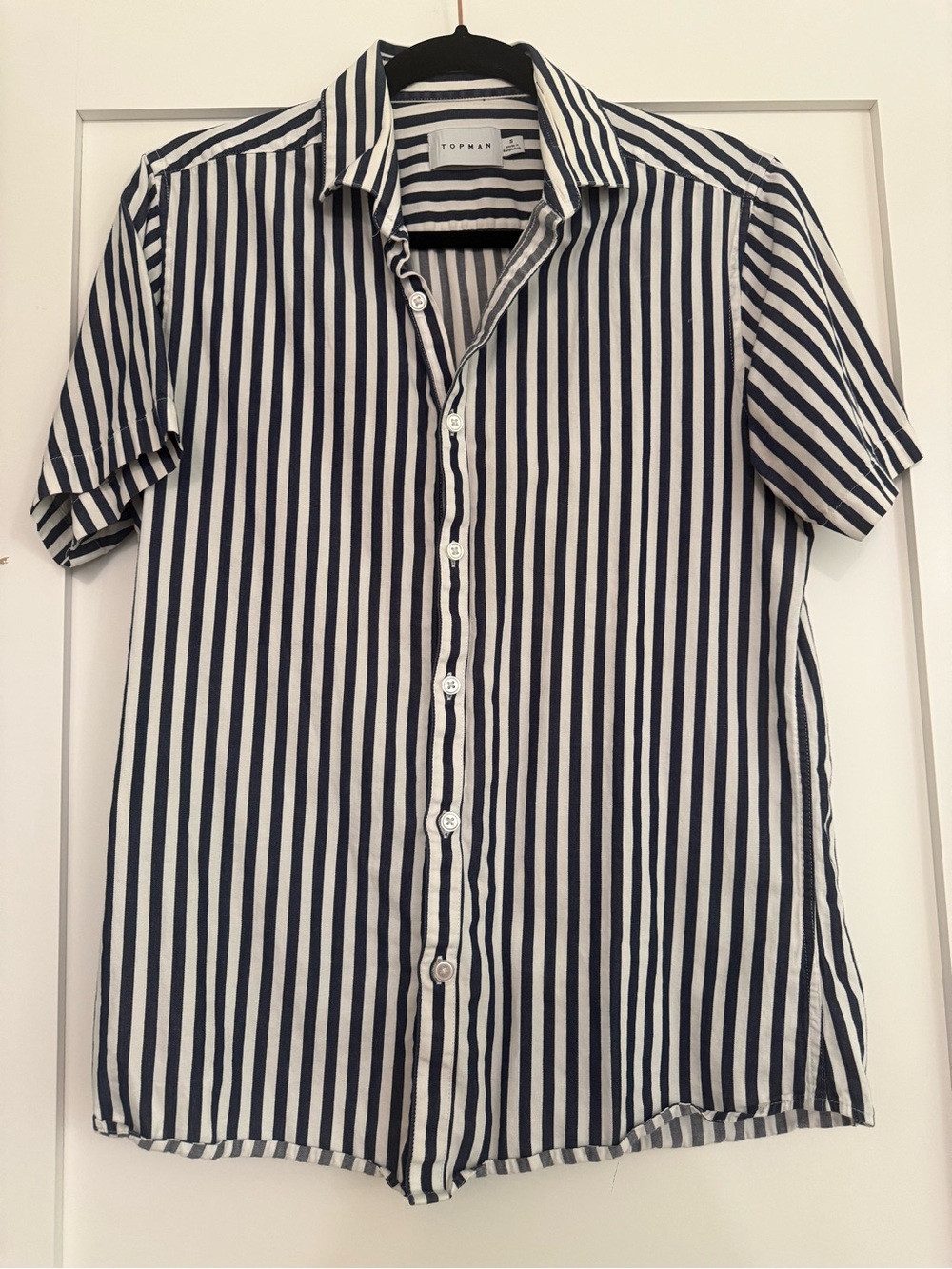 Topman Navy & White Vertical Stripe Short Sleeve Button-Down Shirt